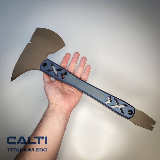 Ultra-Durable Tactical Axe | D2 Steel, Titanium Scales & Cerakote Finish | CALTI Pry Bar Multi-Tool