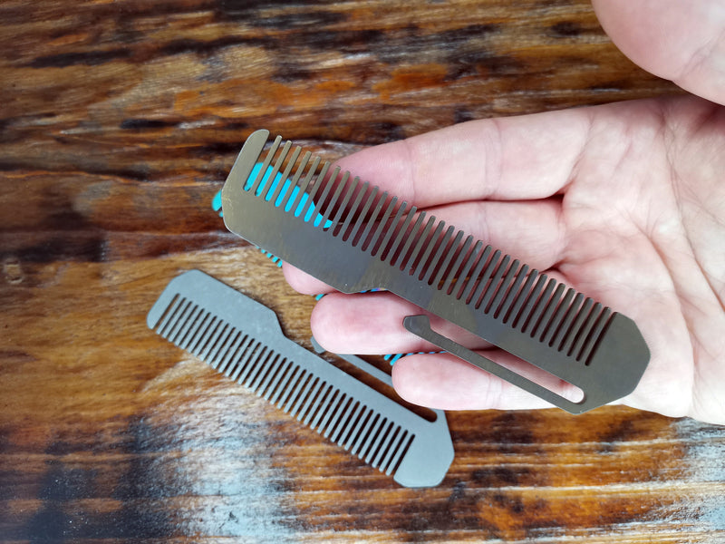 Load image into Gallery viewer, Titanium Comb from Calti with clip, edc tool, tactical tool, edc, every day carry, hair comd, titanium edc, tactical edc, punisher custom
