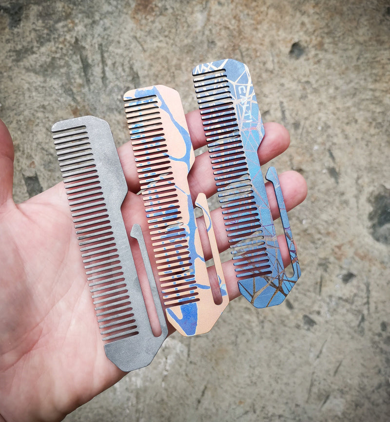 Load image into Gallery viewer, Titanium Comb from Calti with clip, edc tool, tactical tool, edc, every day carry, hair comd, titanium edc, tactical edc, punisher custom
