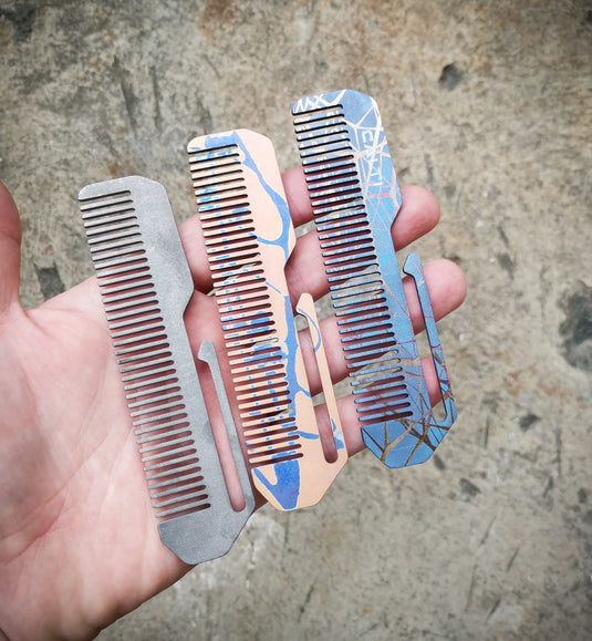 Titanium Comb from Calti with clip, edc tool, tactical tool, edc, every day carry, hair comd, titanium edc, tactical edc, punisher custom