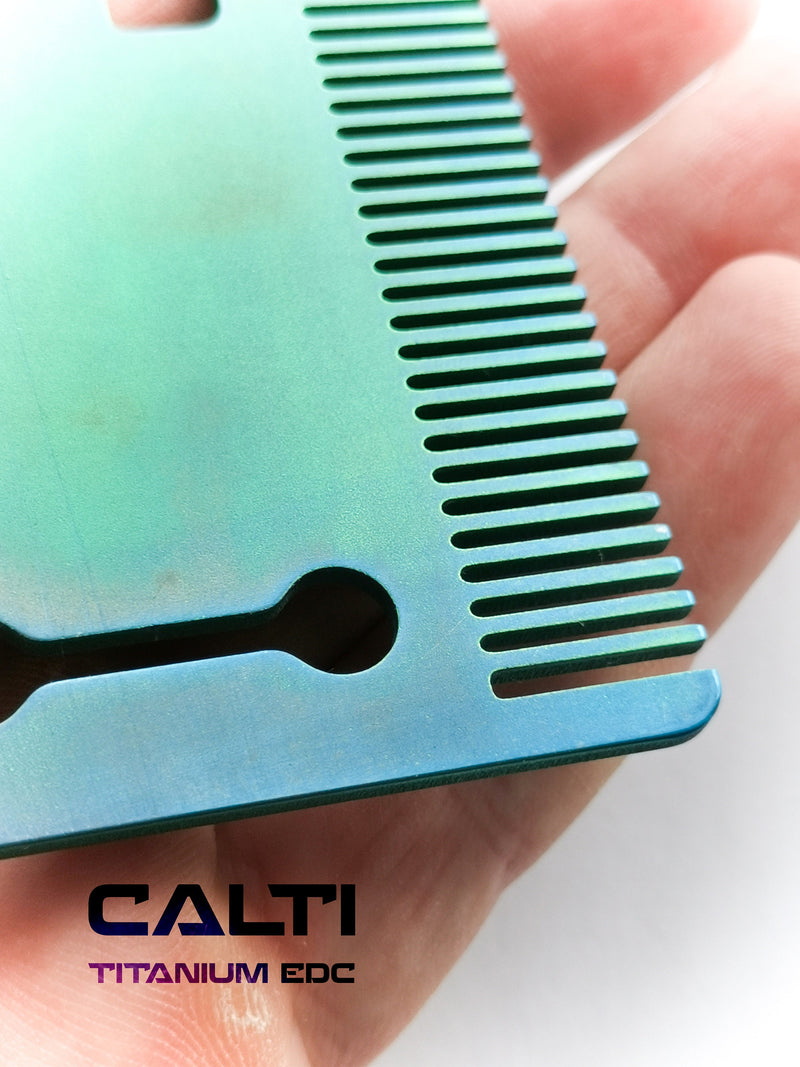 Load image into Gallery viewer, Titanium Custom Card Size Beard Comb from Calti, edc tool, tactical tool, edc, every day carry, titanium edc, tactical edc, beard comb, comb
